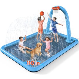 Instraella Splash Pad, 110x91'' 2-in-1 Large Sprinkler Mat with Basketball Hoop and Arch for Kids Outdoor Play, Shoot Game for Backyard, Inflatable Water OutdoorToys More Fun for Boys and Girls