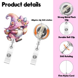 Easter Badge Reel,Cute Pink Gnome Easter Eggs Acrylic Badge for ID Card Badge,Telescoping Retractable Badge Holder Alligator Clip Accessories for Nurse,Medical Worker,Nursing Student,Teacher