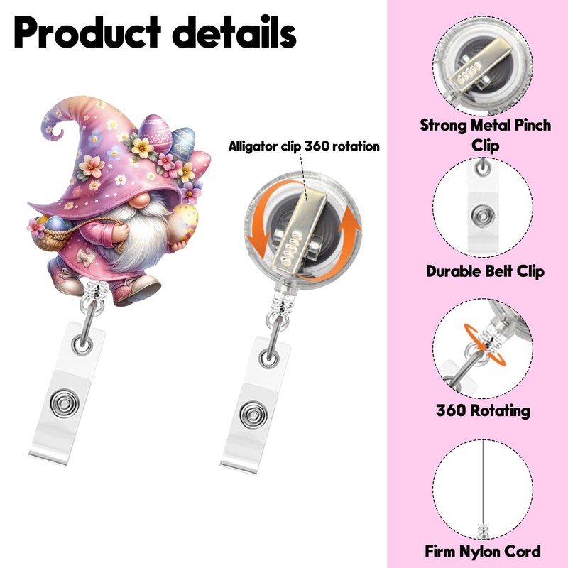 Easter Badge Reel,Cute Pink Gnome Easter Eggs Acrylic Badge for