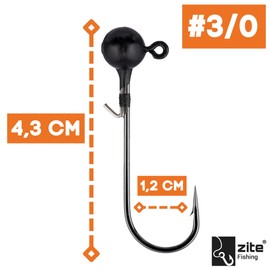 Zite Fishing Tungsten Jig Hook Set, Lead-Free Jig Heads with Fishing Hooks, 1/0-5/0 Matte Black, Ultra Sharp Jigheads Hooks, Bass & Zander Fishing, Rubber Bait Hooks with Fishing Weight (3/0 5.3 g)