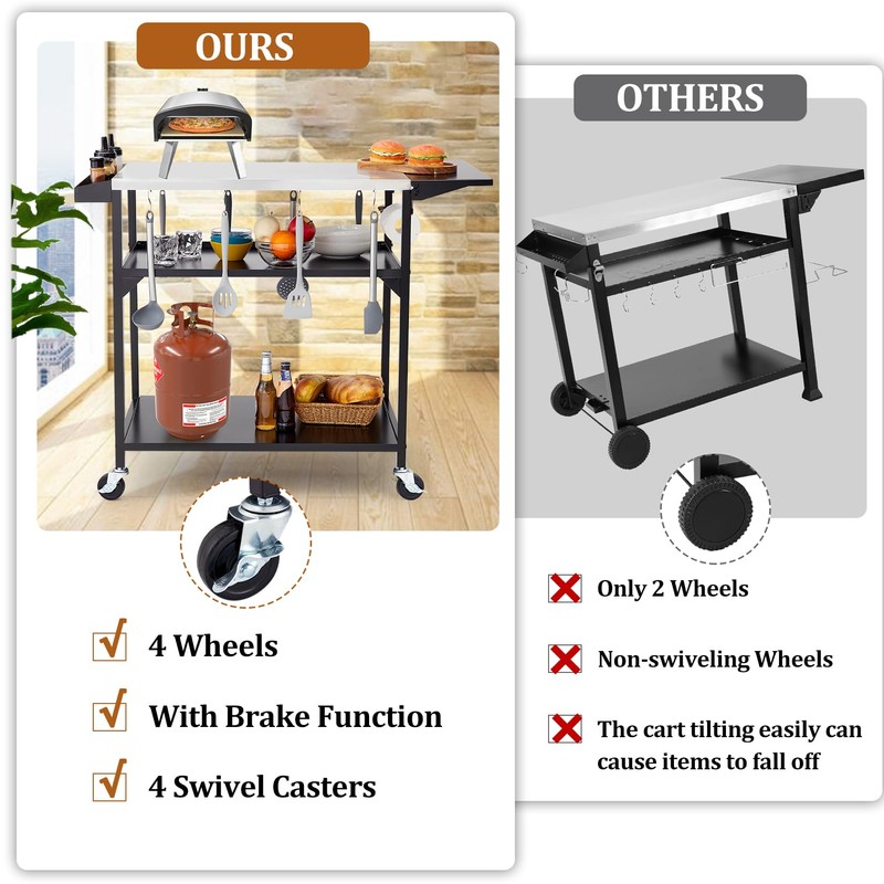 GarveeLife Outdoor Grill Table Cart with 4 Wheels, Stainless Steel