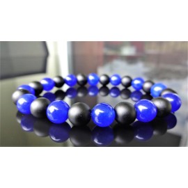 RAYON Blue Jade & Matte Onyx Bead Bracelet for Men Women Stretch 8mm 7.5" inch