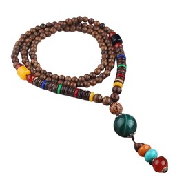 THTHT Vintage Handmade Long Necklace Pullover Chain Ethnic Nature Wood Carving Green Agate Ball Bohemian Minimalist Beads Simple Unisex Clothing Accessories