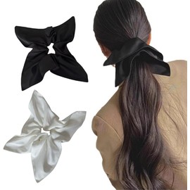 2 Pack Large Satin Square Handkerchief Style Oversized Elegant Hair Ties Elastics Ponytail Holders for Women (Black & White, One size)