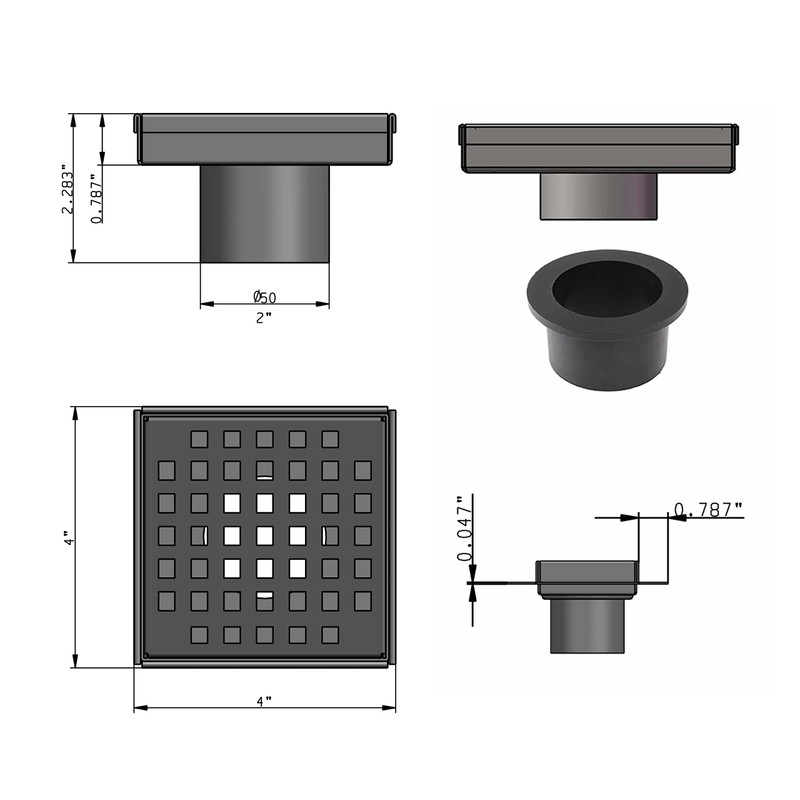 SereneDrains 304 Stainless Steel 4 Inch Square Matte Black Shower