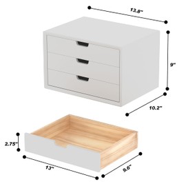 LitaEther Desk Organizer with 3 Drawers, ALEX Drawer Unit, Chic White Wood Cosmetic Makeup Organizer for Office Vanity Tabletop Storage 13.8"X 9"X10.2"