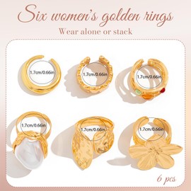 Yamobi Set of 6 Golden Rings Set, Waterproof, Ideal for Women, with Flowers, Pearls and Crystals, Simple Fashionable Stackable Finger Rings Pack for Any Occasion