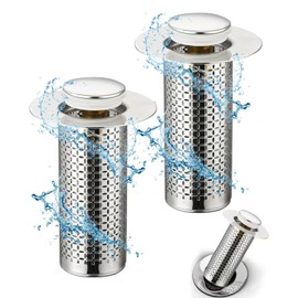 Pack of 2 Stainless Steel Pop Up Drain Strainer, Sink Plug, Sink Plug, Drain Strainer, Universal Pop Up Sink Plug with Anti Clogging Strainer for Drain Fitting, Sink, Kitchen, Bathroom (Long)