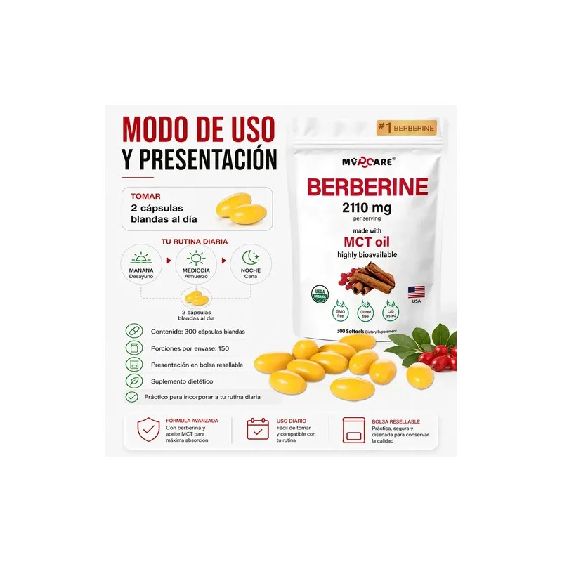 Berberina De 300 Cápsulas Blandas De 500mg *4 Pure Berberine