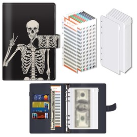 AOPEFNX Budget Binder, Cute A6 Money Saving Binder with Zipper Envelopes, PU Leather Money Organizer for Cash, Expense Budget Sheets and Cash Envelopes for Budgeting Rock Skeleton