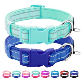 azuza 2 Pack Neoprene Padded Dog Collar for Medium Dogs, Reflective Dog Collar with ID Tag Ring, Adjustable Safe and Comfy Dog Collars,Royal Blue/Teal,M