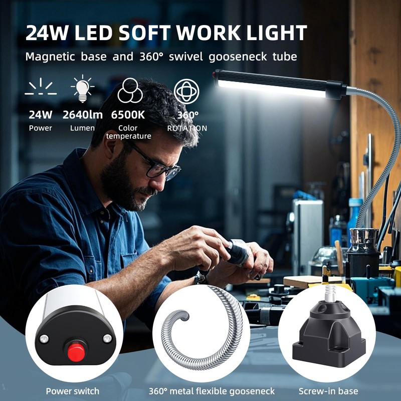 24W LED Work Light, 2400Lumen FlexibleGooseneck Work Light with Screw
