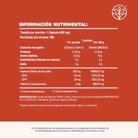LIFE 360+ Omega 3 | 180 Cápsulas | Aceite Puro de Salmón con DHA y EPA Vitamina E (Dl-a-tocoferol)| Ingredientes Naturales | Salmon Oil | 450 Miligram