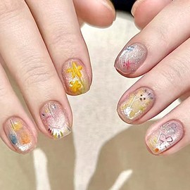 RUPOFUZA Short Square Press on Nails Cat Eye Fake Nail with Cute Bears and Stars Design Glue on False Nails Light Pink Press ons Glossy Artificial Stick on Nail for Women Girls 24Pcs