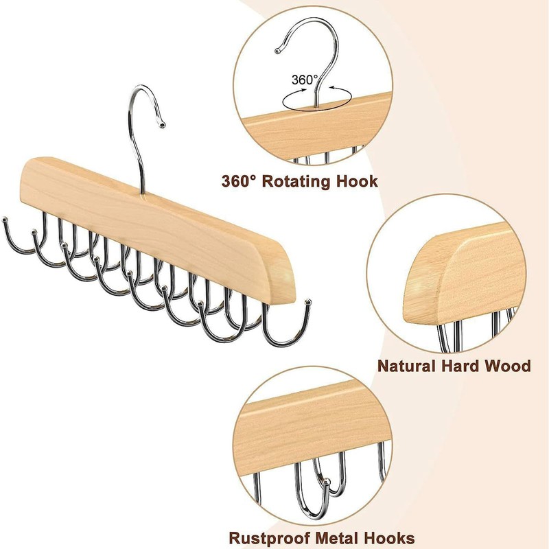 16 Hooks Wooden Belt Hanger, 360 Degree Rotating Space Saving