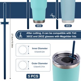 5pcs Silicone Straw for Yeti Rambler 30/20/10oz，Reusable Straws for Yeti Tumbler with Magslider Lid ，Yeti Accessories，Replacement Straws，BPA Free (blue)