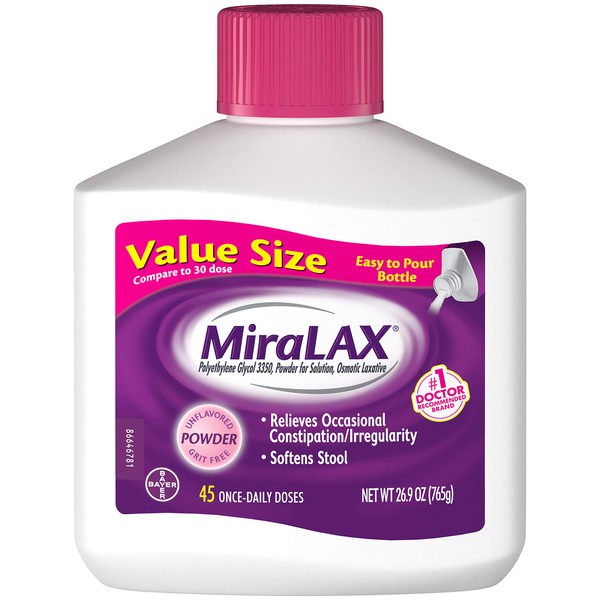 MiraLAX Laxative Powder for Gentle Constipation Relief, #1 Dr. Recommended Brand, 45 Dose Polyethylene Glycol 3350, stimulant-free, softens stool (Pack of 3)