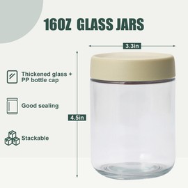 REWEMXLA 6-Pack Airtight Glass Food Storage Jars with Lids - 16 fl oz Stackable Containers for Overnight Oats, Dry Foods & Meal Prep | Leakproof Pantry Organization (4.5x3.3in (Khaki)