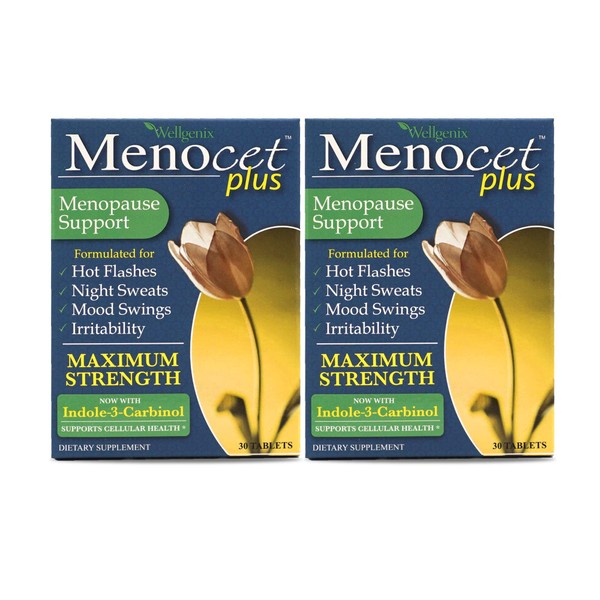 Wellgenix Menocet Plus Menopause Support - All-in-One Menopause Supplement - Daily Relief Feminine Care - Hot Flashes, Night Sweats, Mood Swings & Irritability - 30 Tablets (Pack of 2)