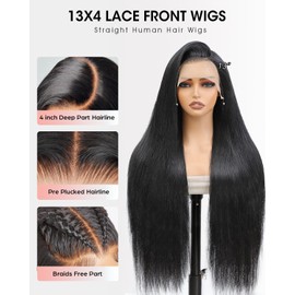 Straight Human Hair Wigs for Black Women,13x4 HD Lace Front Wig Human Hair,180 Density Glueless Lace Wig Human Hair Pre Plucked with Baby Hair,Brazilian Hair Natural Color Lace Frontal Wigs 20"