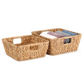Square Water Hyacinth Storage Baskets Set of 2, Woven Basket for Christmas Gifts Empty, Handwoven Wicker Baskets Organizers with Handles for Pantry, Living Room，Shelf & Home Decor,Medium