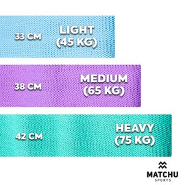 MATCHU - Booty Bands - Glute Bands - Set of 3 - 45/65/75 kg - Comfortable Textile - Includes Bag - Tiel/Purple/Blue
