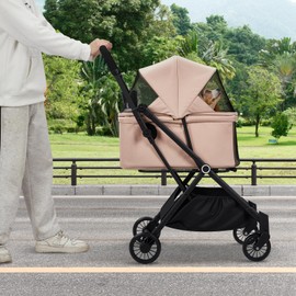 Foldable 4-Wheel Pet Stroller for Dogs & Cats -Dog Stroller, Lightweight Travel Carrier for Small to Medium Pets Up to 50 LBS, 360° Swivel Front Wheels, Foot Brake, Breathable Mes