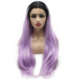 Peakia Long Wavy Black Purple Ombre Two Tone Half Hand Tied Synthetic Lace Front Wig