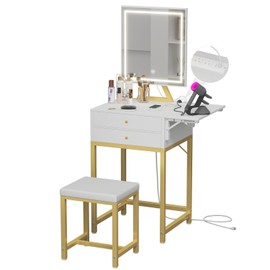 KAI-ROAD Small Makeup Vanity Desk with Lights - White Girls Vanity Set with Mirror and Chair, Make Up Dresser Table with Drawers and Power Outlet for Bedroom Small Space, Gold
