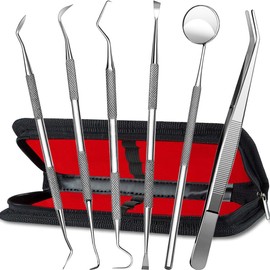Stainless Steel Dental Kit - 6 Pack Dental Tools with Tooth Scraper Plaque Tartar Remover, Dental Hygiene Kit for Adults, Kids, Dogs - Dental Care Kit with Mirror, Picks, Travel Case
