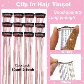 12Pcs Hair Tinsel Clip in Glitter Tinsel Hair Extensions 19.6Inch Clip in Hair Tinsel Kit Heat Resistant Shiny Sparkly Fairy Hair Accessories for Women Girls Kids (Red)