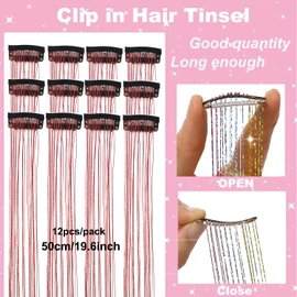 12Pcs Hair Tinsel Clip in Glitter Tinsel Hair Extensions 19.6Inch Clip in Hair Tinsel Kit Heat Resistant Shiny Sparkly Fairy Hair Accessories for Women Girls Kids (Red)