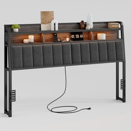 ONBRILL Ergonomic Headboard for King Size Bed with 2-Tier Storage, Upholstered Headboards with Outlets, USB Ports, LED Light, King Head Board Only, Height Adjustable, Sturdy and Stable, Black & Grey