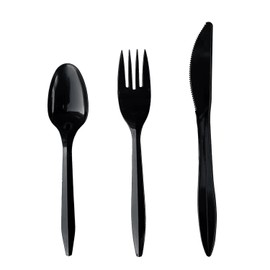 Boardwalk Disposable Plastic Cutlery Set, Four Piece Silverware Kit, Case of 250 Medium Weight Fork Knife Spoon Napkin, Polystyrene, Black, Individually Wrapped