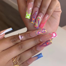 MISUD Press on Nails Long Square Fake Nails Glossy Glue on Nails Colorful Plaid French Tip Acrylic Nails Squoval Artificial Nails Flame Stick on False Nails with Design 24 pcs