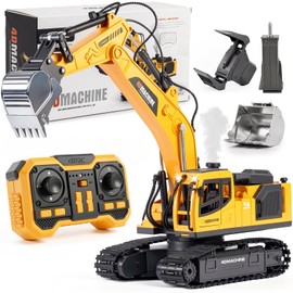 LADFAR Remote Control Excavator Toy for Boys, 1:18 14-Channel RC Excavator with 3 Attachments, 2×1200mAh Batteries, Construction Toy for Sandbox Outdoor Play, Birthday Gift for Kids