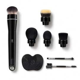 Juego de brochas de maquillaje giratorias recargables de 360°, 5 cabezales veganos, brochas faciales eléctricas para difuminar base, rubor, polvos, bronceador, contorno, iluminador y acabado co