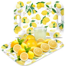 gisgfim 2Pcs Lemon Serving Trays with Handles 16 x 11 Inch Large Melamine Tray Rectangular Yellow Lemon Serving Platter Spring Tray Melamine Dishes for Serving Food Outdoor Dinner Dessert Plates Party