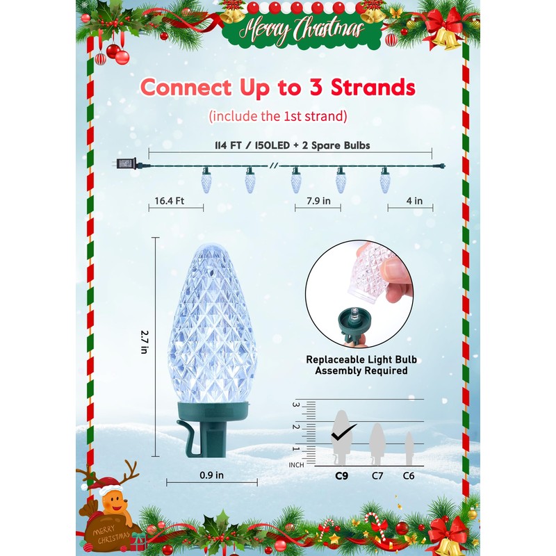 C9 Christmas Lights Outdoor, 114 Feet 150 LED C9 String