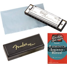 Fender Blues Deluxe Harmonica - Key of C Bundle with Carrying Case, Austin Bazaar Instructional Manual, and Polishing Cloth