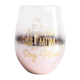 Mary Square "I'm Not A Regular Mom, I'm A Dog Mom" Stemless Rose Gold Accented Wine Glass in Boxed Packaging with Pink Bow for Dog Lovers and Fur Babies