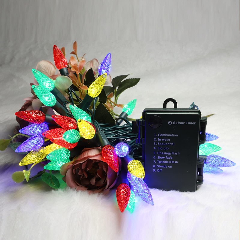 TWINGLEHOME 50LED C6 Lights,Green Wire,Waterproof Battery Case,Multi Functions,Timer,Multi