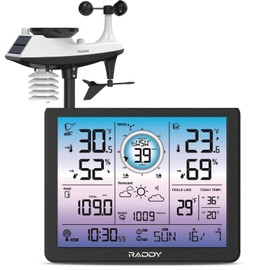 Raddy VP7 5-in-1 Weather Station Wireless for Indoor Outdoor | 7.4" Large Digital Color Display, with Barometer, Rain Gauge, Wind Speed, Atomic Clock, Weather Forecast, Temperature Humidity Monitor