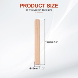 PATIKIL Wooden Dowel Pins 1/2" x 4" (12mm x 100mm) Straight Dowel Rods Wood Fluted Dowels Rods for Crafts Furniture DIY Hardwood Count 60