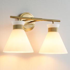 WOSHITU Gold Bathroom Light Fixtures: Modern Vanity Lighting Fixtures 2 Lights for Bathroom Mid Century Vanity Light Sconces Over Mirror with Frosted Milky Glass for Bath Bedroom Makeup