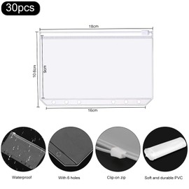 EFUTURETIME Binder Pockets A6 30 Pieces 6 Holes PVC Transparent Binder Pockets Zip Waterproof Money Budget Binder Envelopes Clear Pockets Folder for Notebooks Cards
