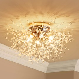 AGV LIGHTING CL023C Crystal Ceiling Light, Close to Ceiling Flushmount Light Fixture, Firework Design Dandelion Shape, 6-Lights, D18 x H10, Chrome Finish