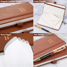 Pocket Diary 2025 - A6 Diary 2025 from January 2025 - December 2025, Week to View Diary with Inner Pocket, Brown Leather Cover
