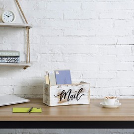 MyGift Mail Holder Storage Organizer Box Whitewashed Wood with MAIL Script Design, Desktop Letters, Bills, Notes and Postcard Bin for Home Office Dorm Room