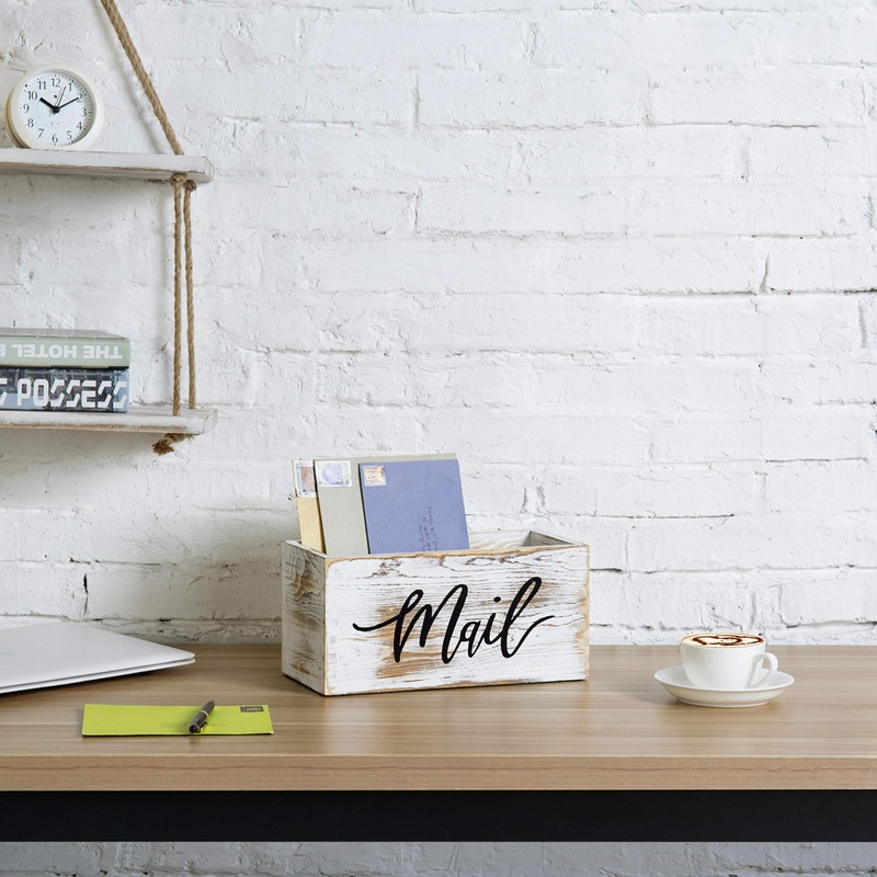 MyGift Mail Holder Storage Organizer Box Whitewashed Wood with MAIL